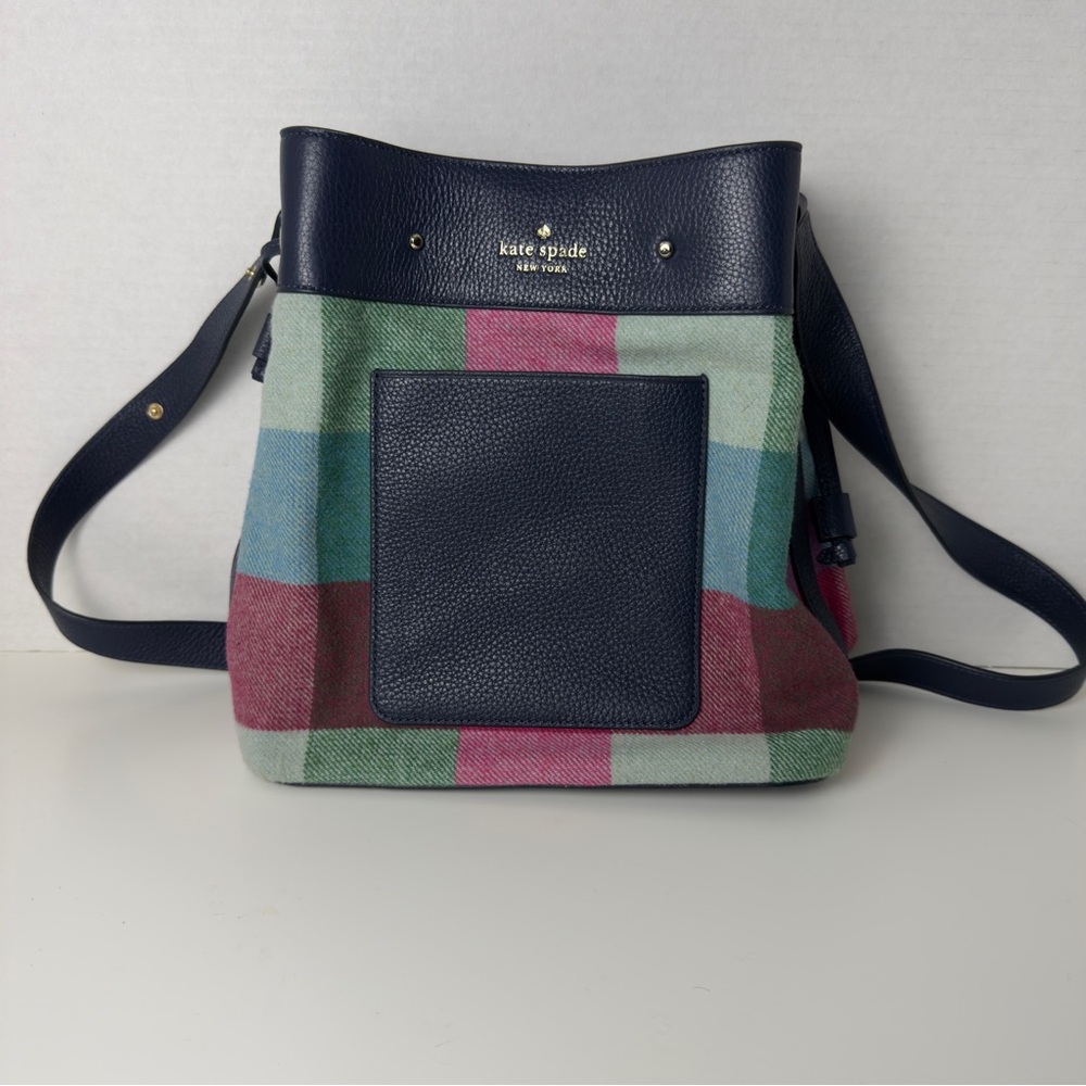 Rare Kate Spade Marti Colorful Plaid Bucket Bag Wool Blend With Leather Trim